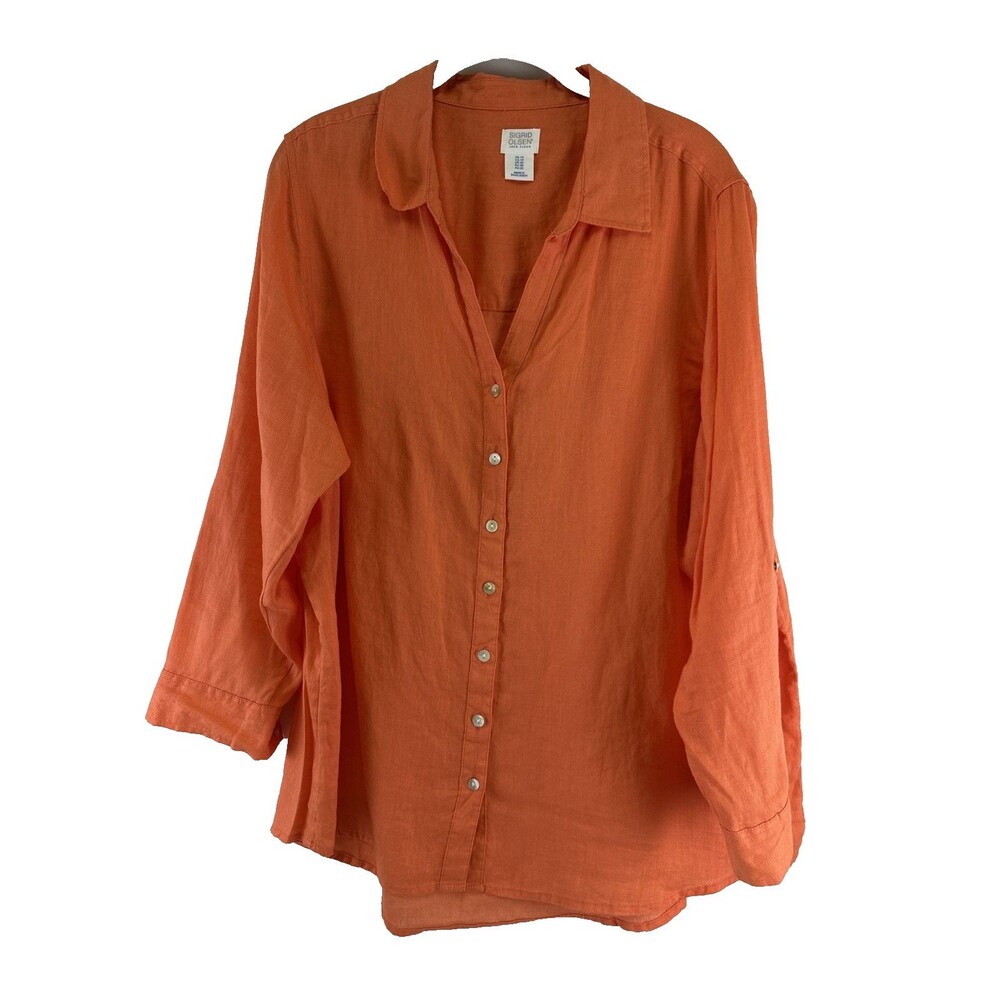 Sigrid Olsen Linen Tunic Shirt Button Down Orange Coral Roll Tab Sleeves Plus 1X